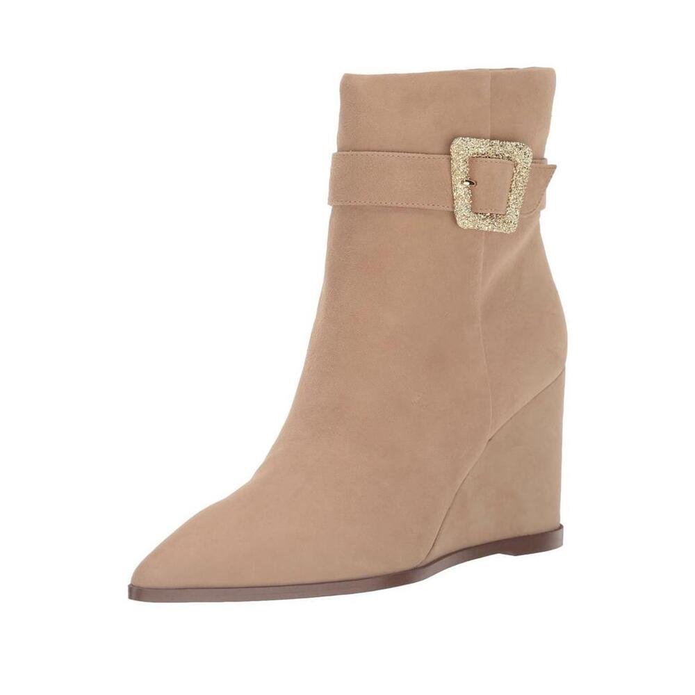 Sam Edelman Weslie Wedge Ankle Boots Womans 8.5 Beige Suede Gold Buckle Bootie - Picture 2 of 7